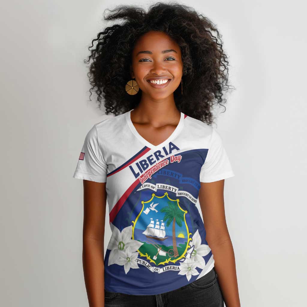Personalized Happy Liberia Independence Day Women V-Neck T-Shirt