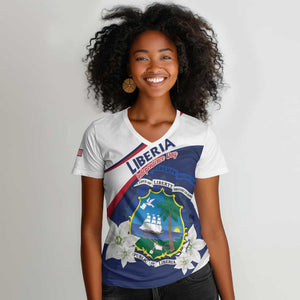 Personalized Happy Liberia Independence Day Women V-Neck T-Shirt