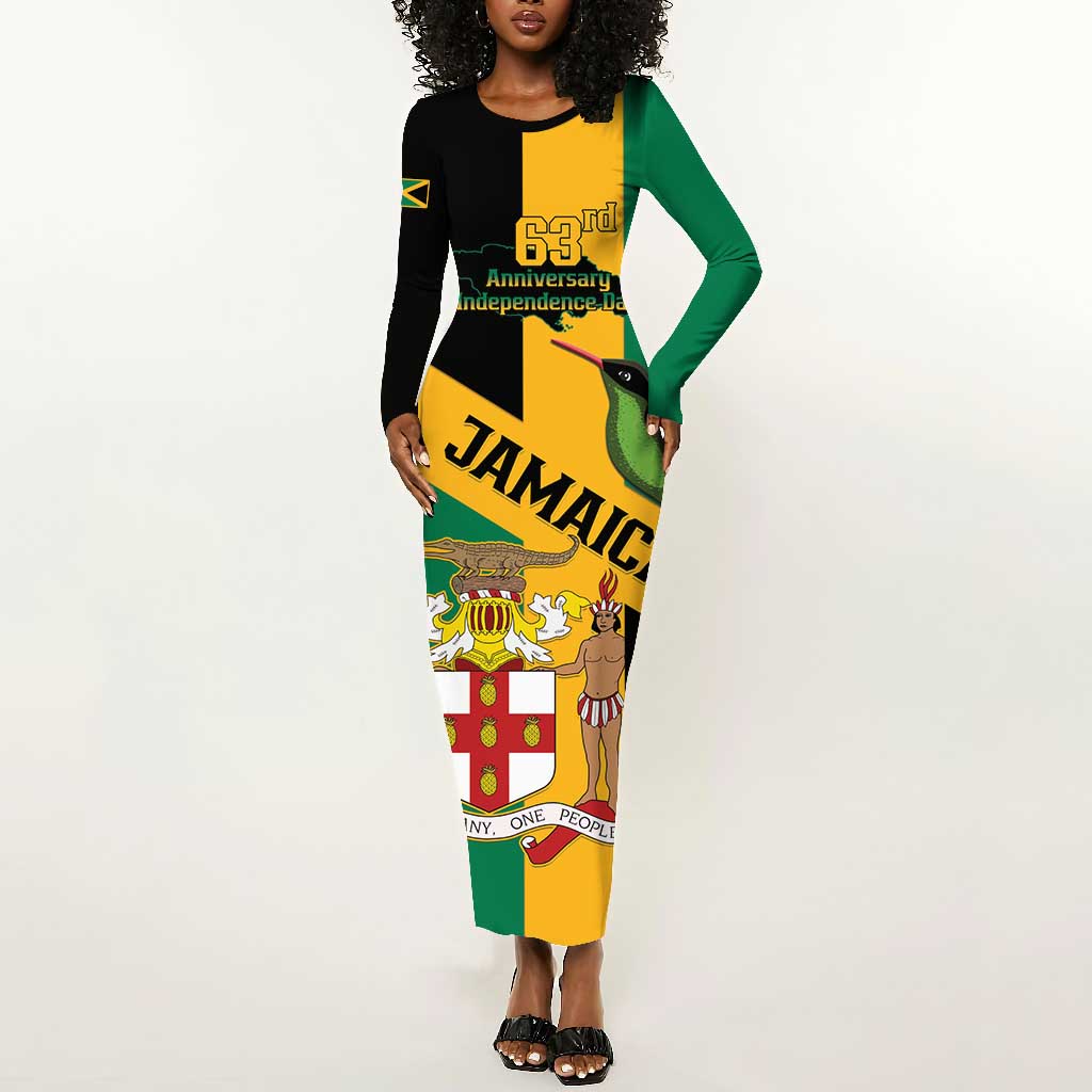 Happy Jumieka Independence Day Long Sleeve Bodycon Dress Coat Of Arms Flag Style