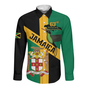 Happy Jumieka Independence Day Long Sleeve Button Shirt Coat Of Arms Flag Style