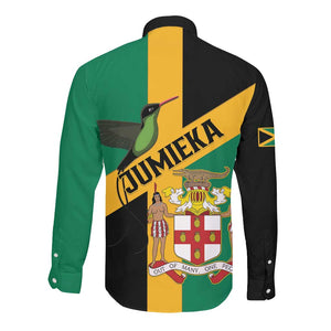 Happy Jumieka Independence Day Long Sleeve Button Shirt Coat Of Arms Flag Style