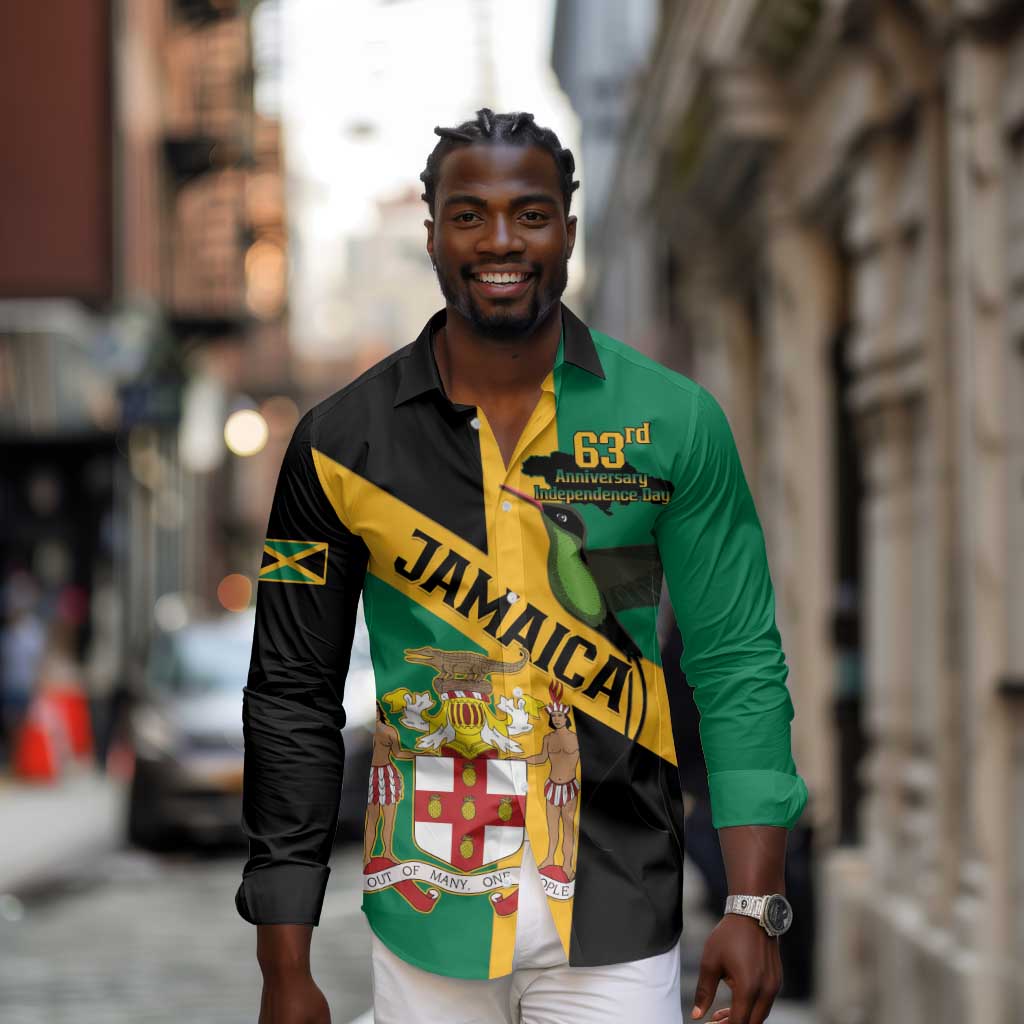 Happy Jumieka Independence Day Long Sleeve Button Shirt Coat Of Arms Flag Style