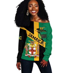 Happy Jumieka Independence Day Off Shoulder Sweater Coat Of Arms Flag Style
