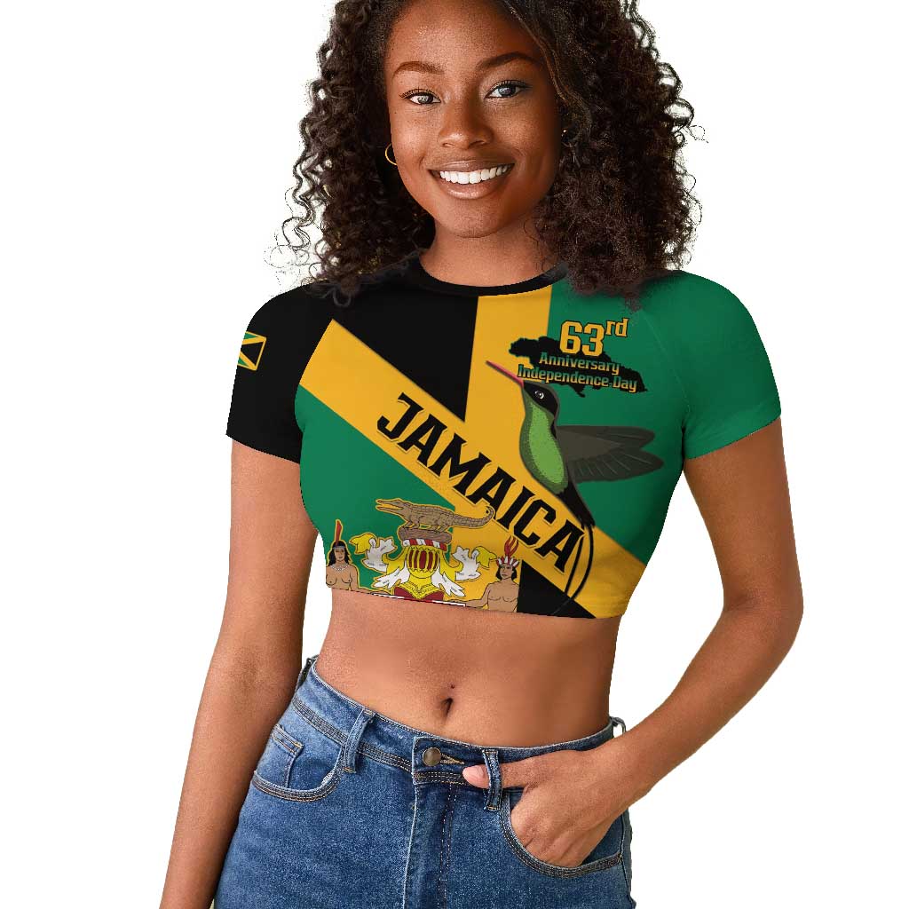 Happy Jumieka Independence Day Raglan Cropped T shirt Coat Of Arms Flag Style