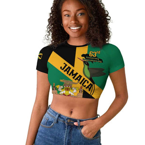 Happy Jumieka Independence Day Raglan Cropped T shirt Coat Of Arms Flag Style