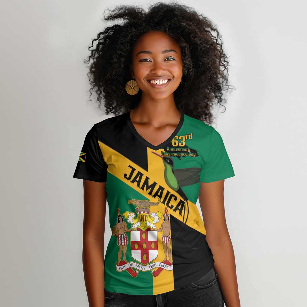 Happy Jumieka Independence Day Women V-Neck T-Shirt Coat Of Arms Flag Style