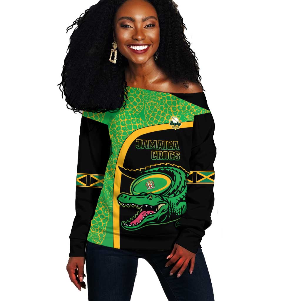 Jamaica Rugby Custom Off Shoulder Sweater Go Champions - Pineapple Pattern