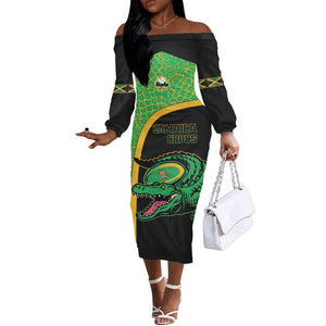 Jamaica Rugby Custom Off The Shoulder Long Sleeve Dress Go Champions - Pineapple Pattern