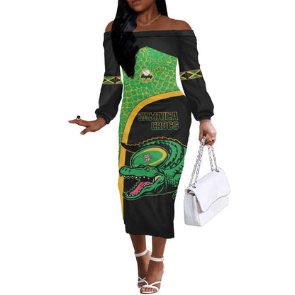Jamaica Rugby Custom Off The Shoulder Long Sleeve Dress Go Champions - Pineapple Pattern