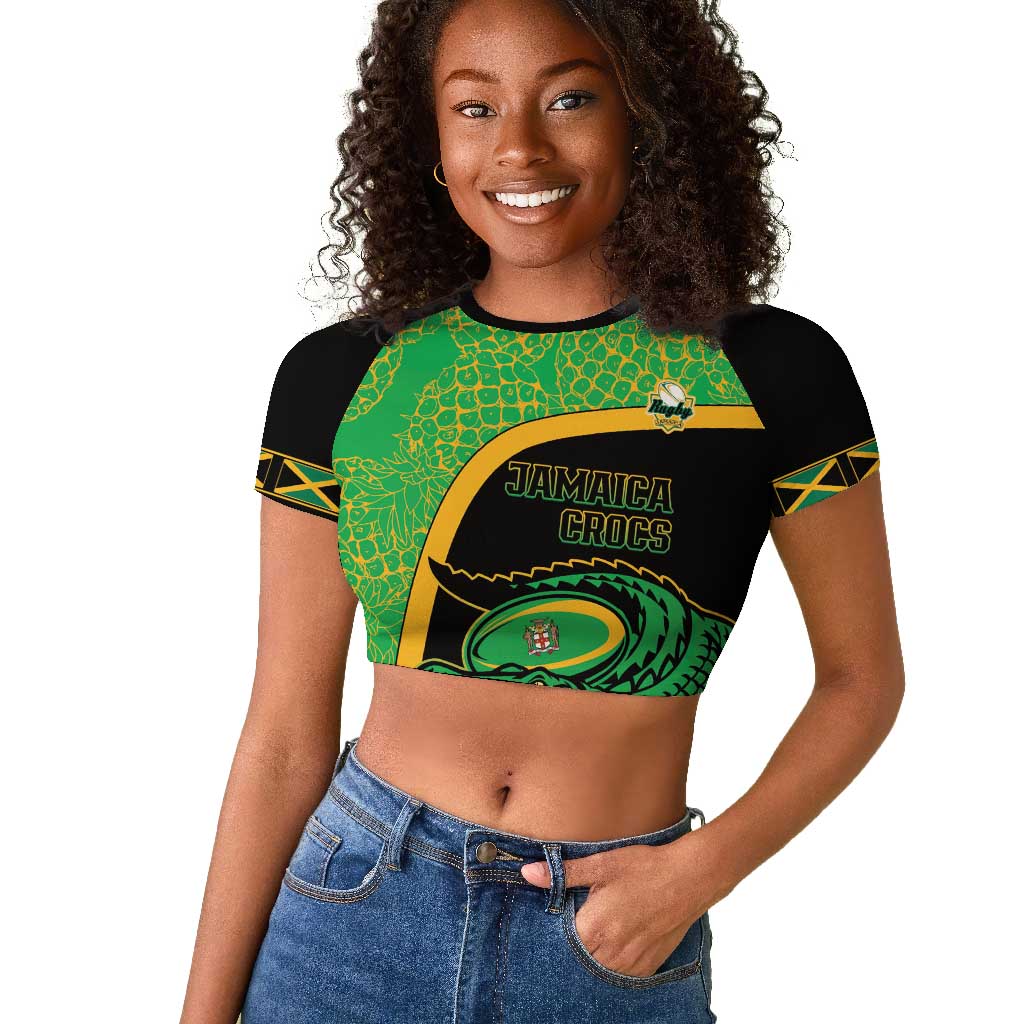 Jamaica Rugby Custom Raglan Cropped T shirt Go Champions - Pineapple Pattern