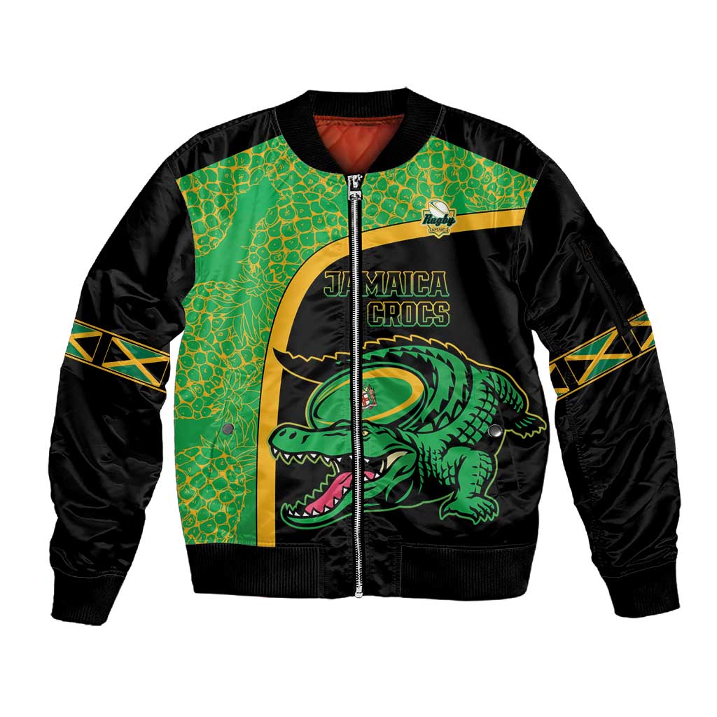 Jamaica Rugby Custom Sleeve Zip Bomber Jacket Go Champions - Pineapple Pattern