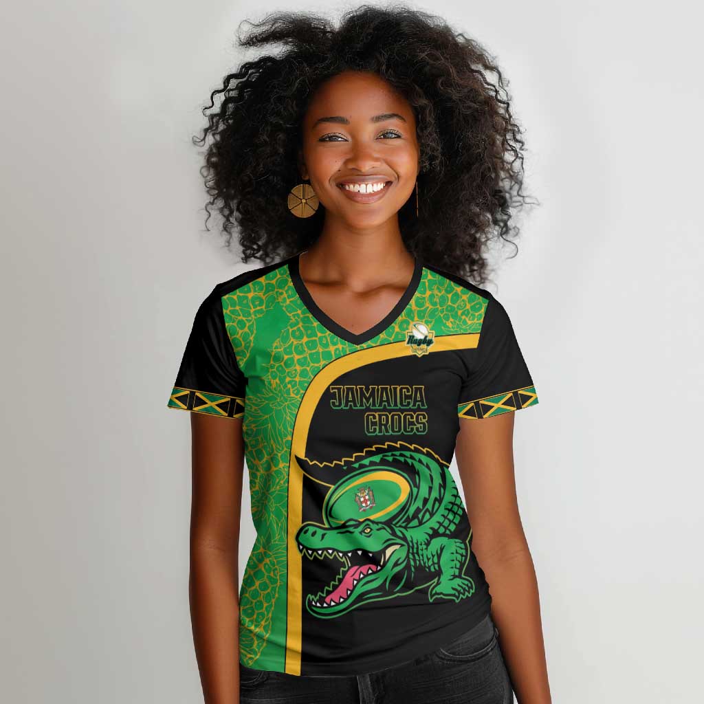 Jamaica Rugby Custom Women V-Neck T-Shirt Go Champions - Pineapple Pattern