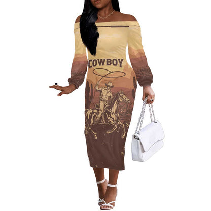 Black Cowboy Take Me Away Off The Shoulder Long Sleeve Dress