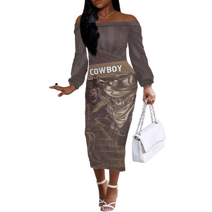 Personalised Skull Cowboy Off The Shoulder Long Sleeve Dress Wild West Reborn