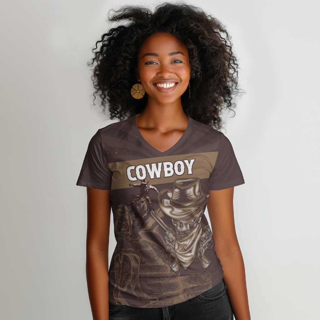 Personalised Skull Cowboy Women V-Neck T-Shirt Wild West Reborn