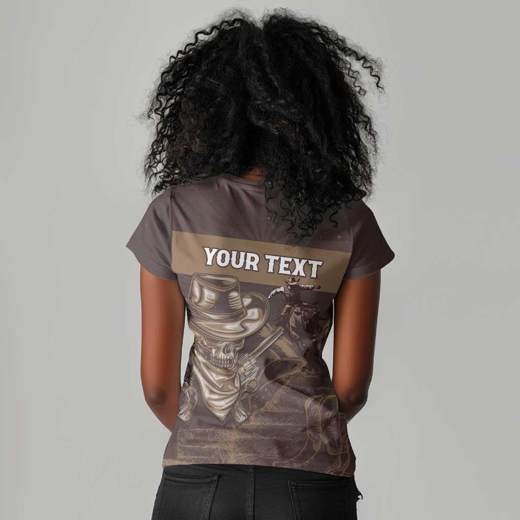 Personalised Skull Cowboy Women V-Neck T-Shirt Wild West Reborn