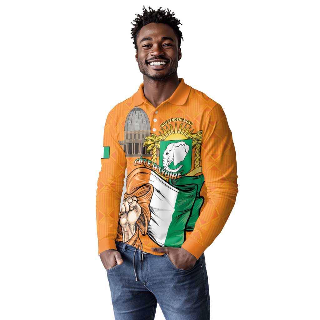 Personalised Happy Cote dIvoire Long Sleeve Polo Shirt 65th of Independence Day