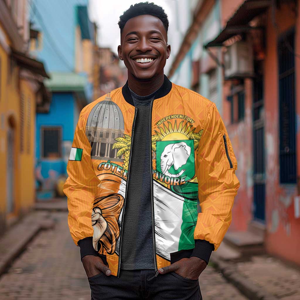 Personalised Happy Cote dIvoire Sleeve Zip Bomber Jacket 65th of Independence Day