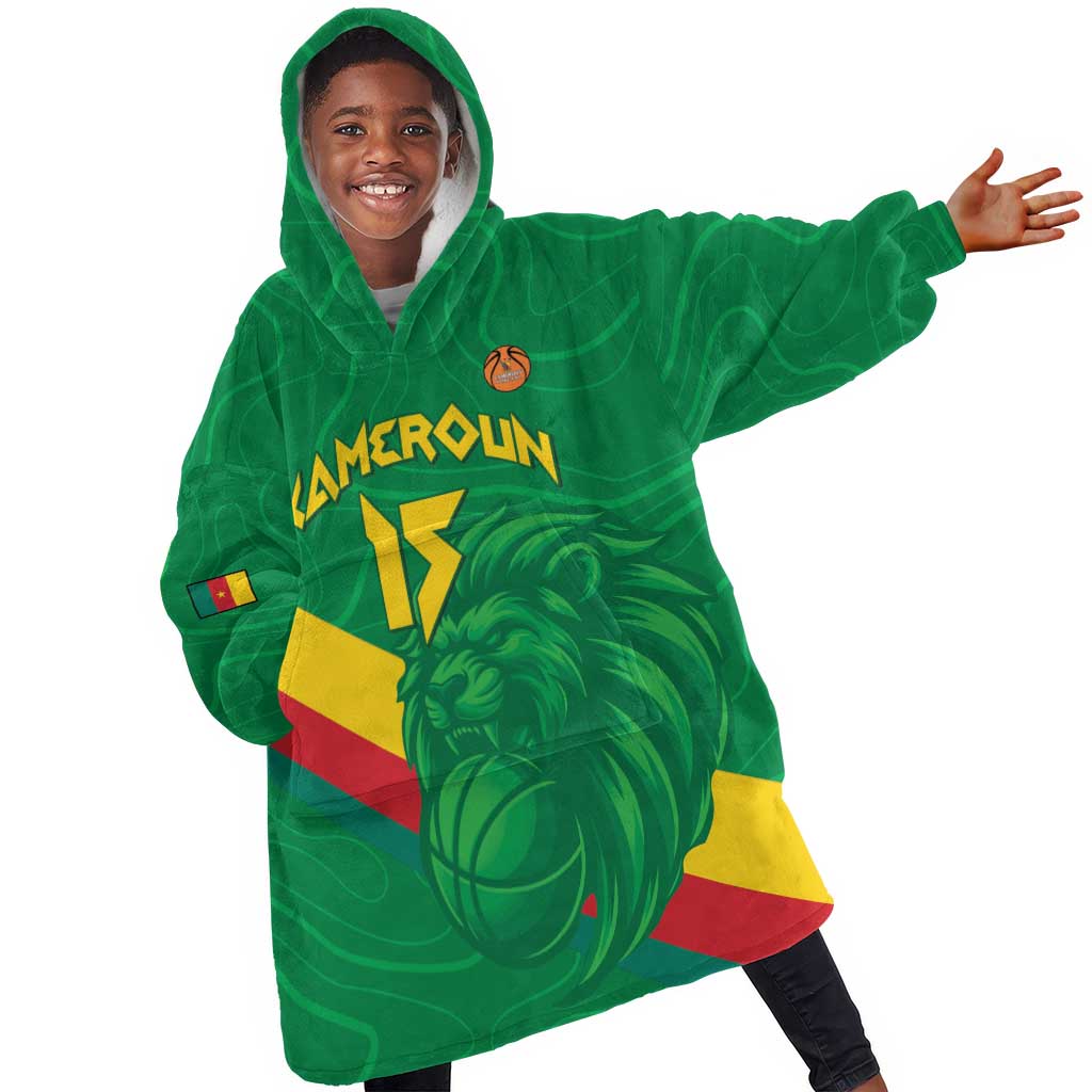 Custom Cameroon Basketball Kid Wearable Blanket Hoodie Go Indomitable Lions - African Pride
