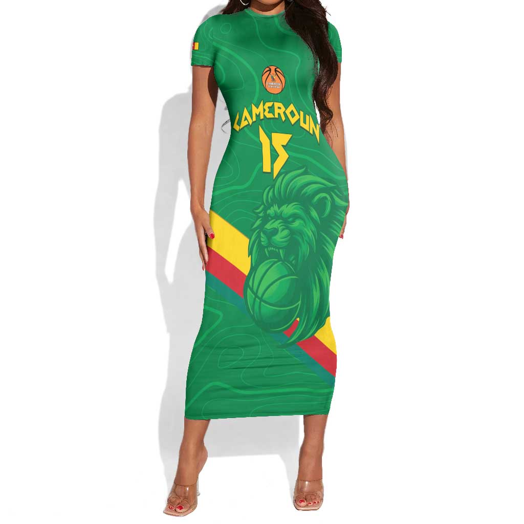 Custom Cameroon Basketball Short Sleeve Bodycon Dress Go Indomitable Lions - African Pride