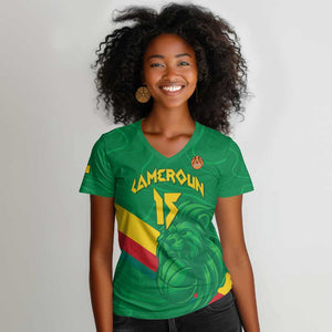 Custom Cameroon Basketball Women V-Neck T-Shirt Go Indomitable Lions - African Pride
