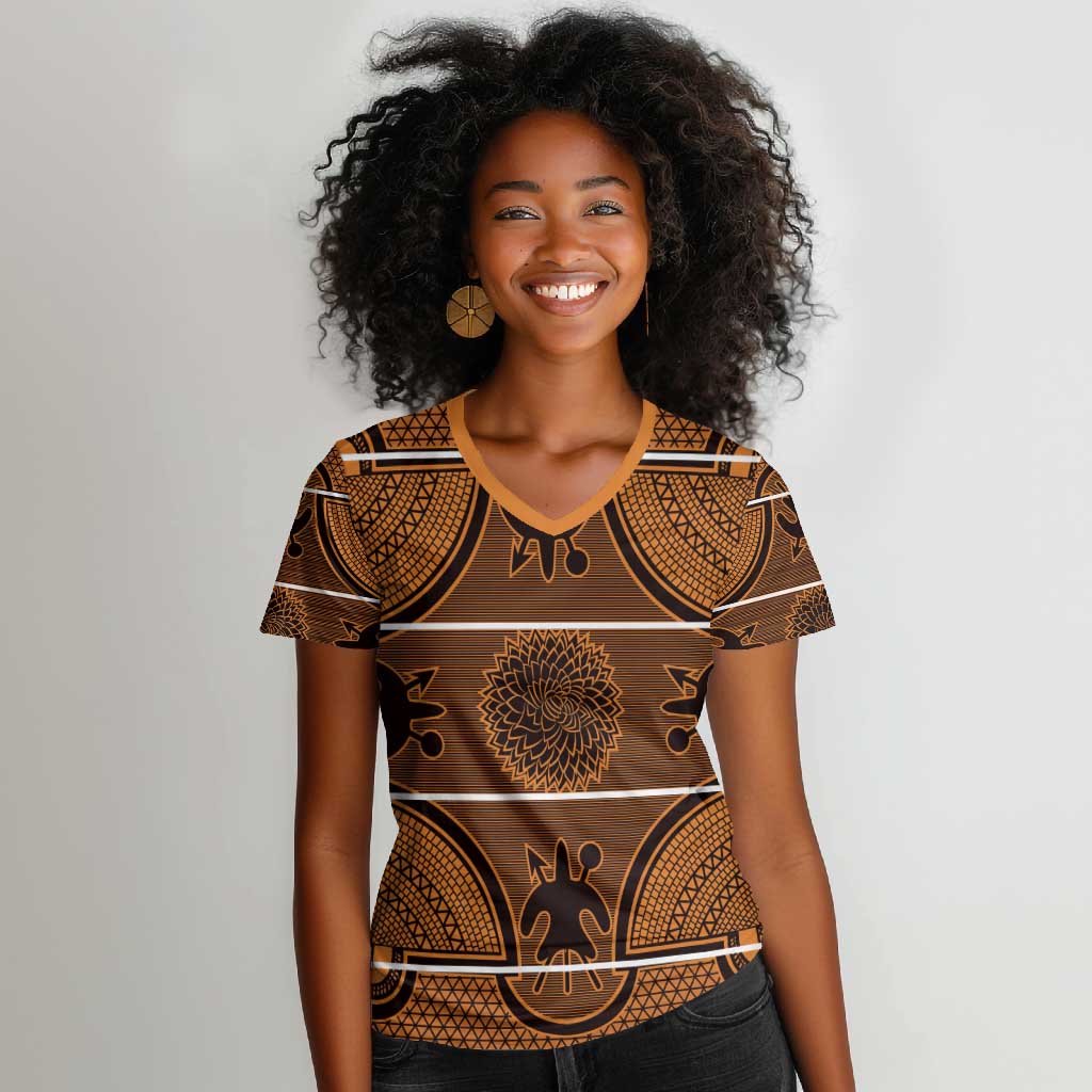 Basotho Blanket Women V-Neck T-Shirt Lesotho Seanamarena Heritage - Orange - African Pride