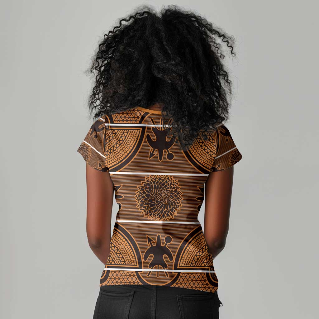Basotho Blanket Women V-Neck T-Shirt Lesotho Seanamarena Heritage - Orange - African Pride