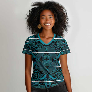Basotho Blanket Women V-Neck T-Shirt Lesotho Motlatsi Seanamarena Heritage - Lesotho Breeze - African Pride
