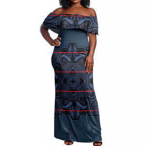 Basotho Blanket Off Shoulder Maxi Dress Lesotho Motlatsi Seanamarena Heritage - Blue - African Pride