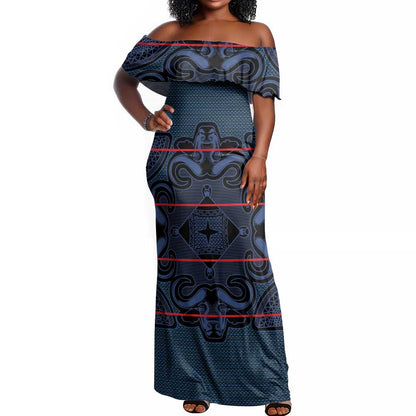 Basotho Blanket Off Shoulder Maxi Dress Lesotho Motlatsi Seanamarena Heritage - Blue - African Pride