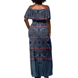 Basotho Blanket Off Shoulder Maxi Dress Lesotho Motlatsi Seanamarena Heritage - Blue - African Pride