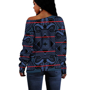 Basotho Blanket Off Shoulder Sweater Lesotho Motlatsi Seanamarena Heritage - Blue - African Pride