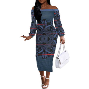 Basotho Blanket Off The Shoulder Long Sleeve Dress Lesotho Motlatsi Seanamarena Heritage - Blue - African Pride