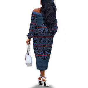 Basotho Blanket Off The Shoulder Long Sleeve Dress Lesotho Motlatsi Seanamarena Heritage - Blue - African Pride