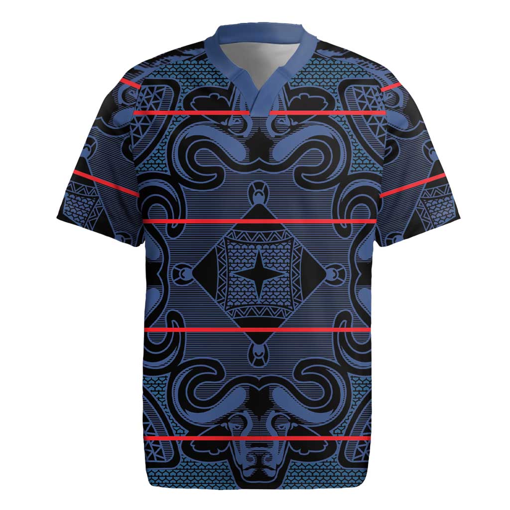 Basotho Blanket Rugby Jersey Lesotho Motlatsi Seanamarena Heritage - Blue - African Pride