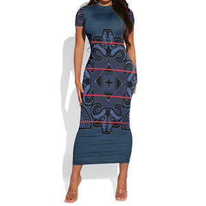 Basotho Blanket Short Sleeve Bodycon Dress Lesotho Motlatsi Seanamarena Heritage - Blue - African Pride