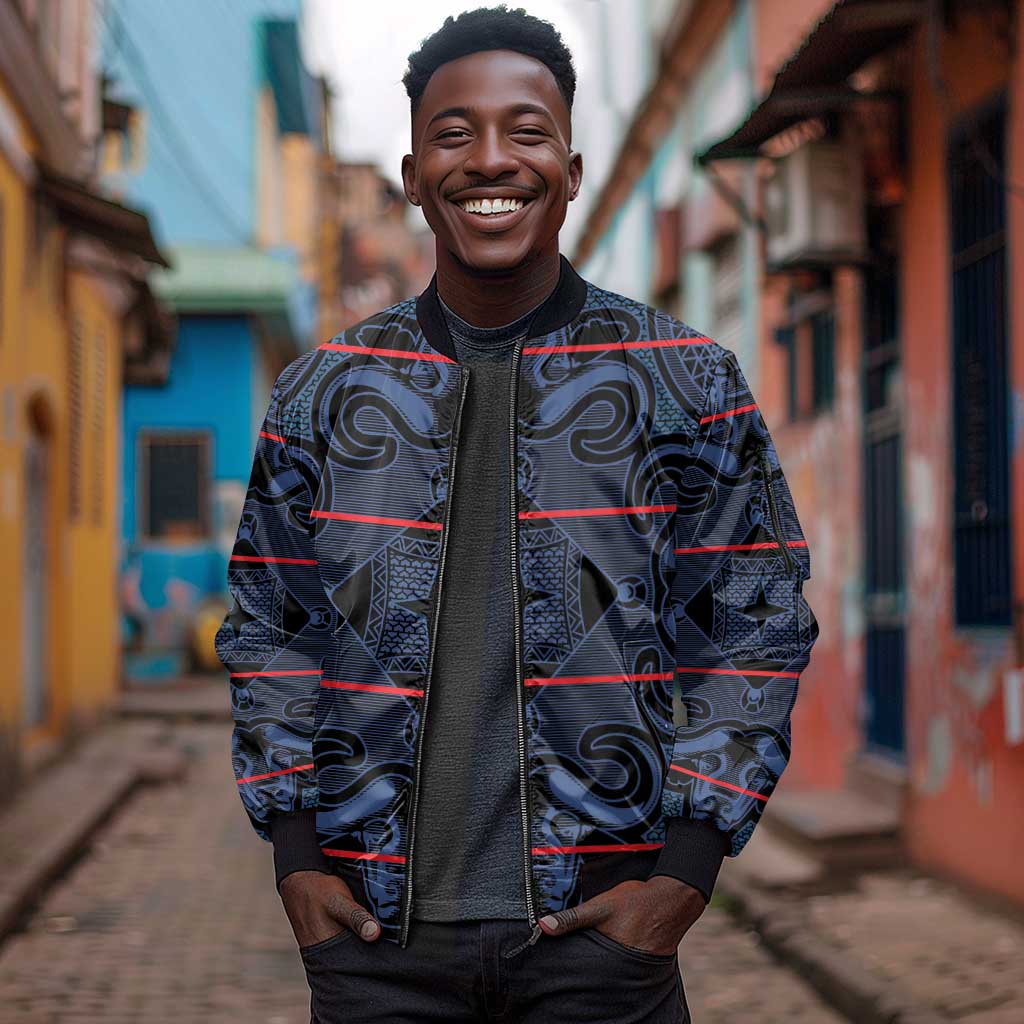 Basotho Blanket Sleeve Zip Bomber Jacket Lesotho Motlatsi Seanamarena Heritage - Blue - African Pride