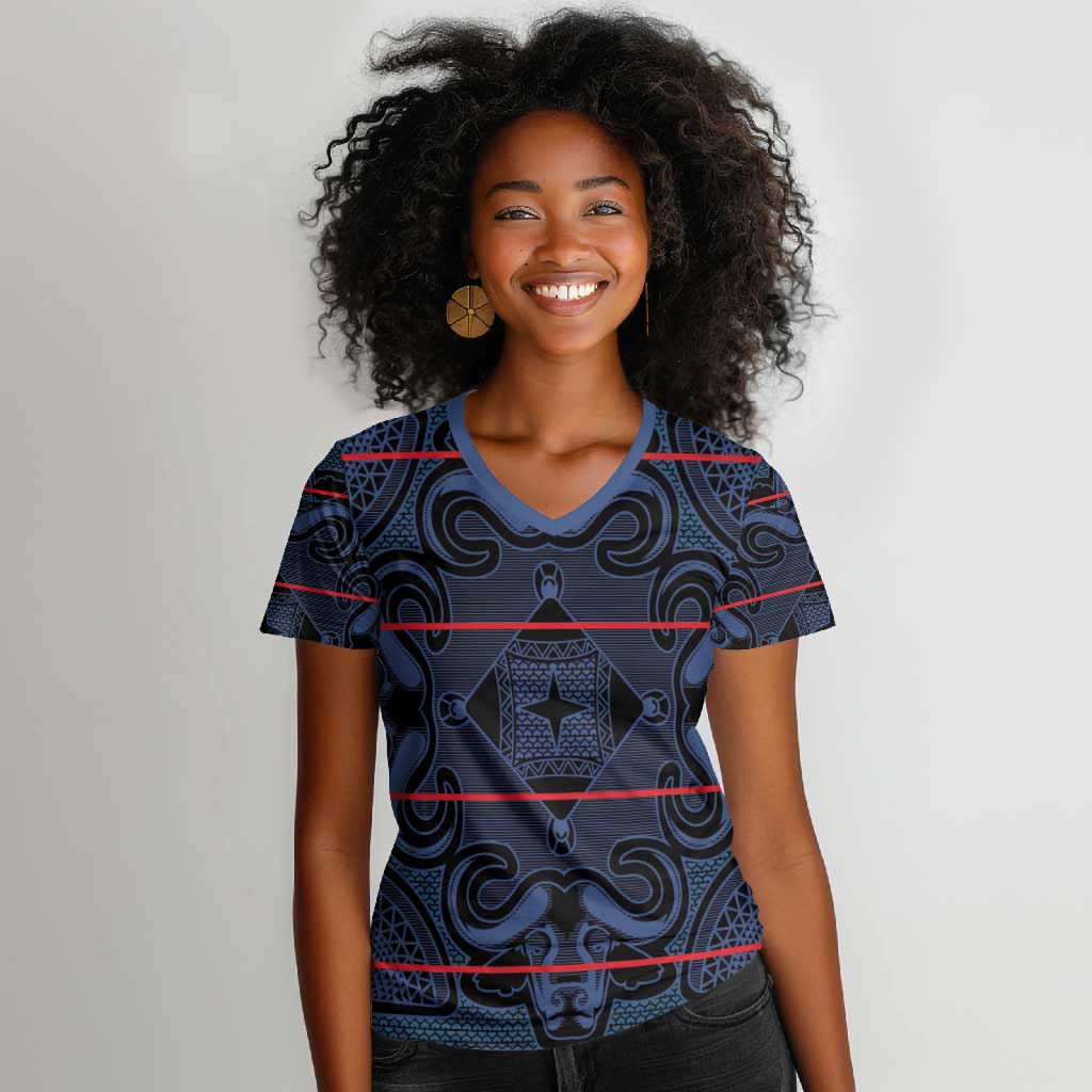 Basotho Blanket Women V-Neck T-Shirt Lesotho Motlatsi Seanamarena Heritage - Blue - African Pride