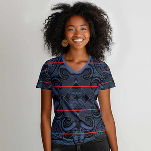 Basotho Blanket Women V-Neck T-Shirt Lesotho Motlatsi Seanamarena Heritage - Blue - African Pride