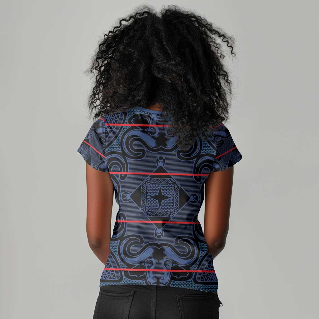 Basotho Blanket Women V-Neck T-Shirt Lesotho Motlatsi Seanamarena Heritage - Blue - African Pride