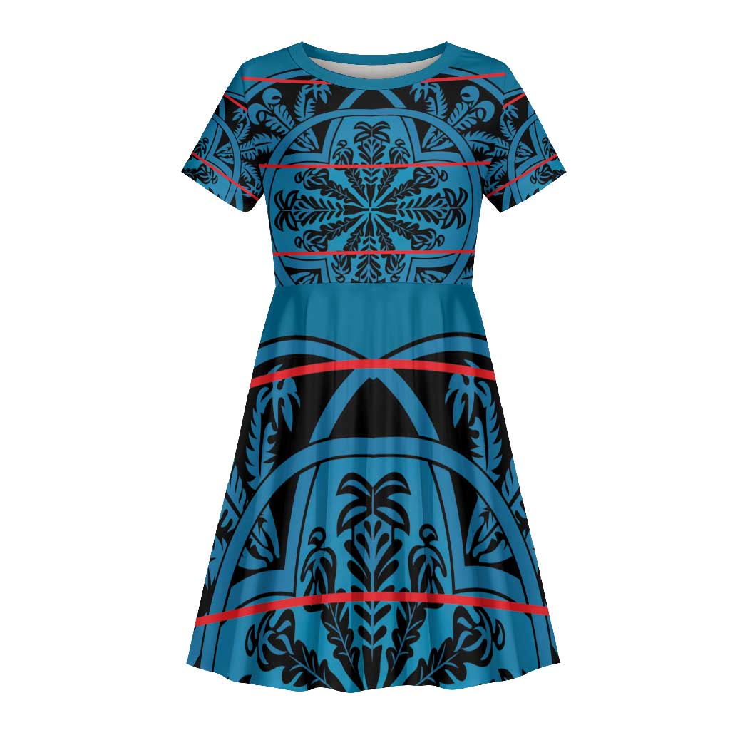 Basotho Blanket Kid Short Sleeve Dress Lesotho Kharetsa Seanamarena Heritage - Blue - African Pride