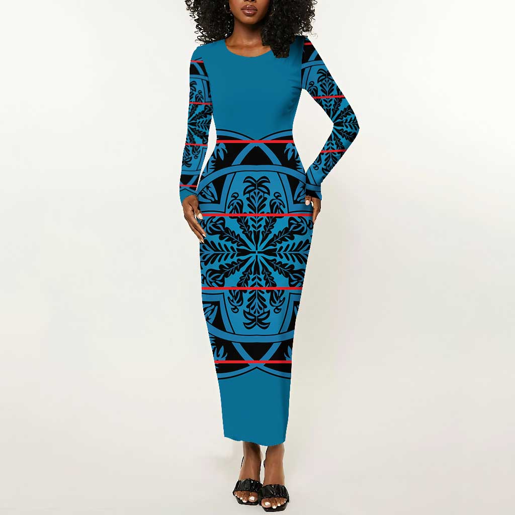 Basotho Blanket Long Sleeve Bodycon Dress Lesotho Kharetsa Seanamarena Heritage - Blue - African Pride