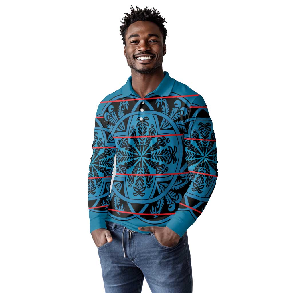 Basotho Blanket Long Sleeve Polo Shirt Lesotho Kharetsa Seanamarena Heritage - Blue - African Pride