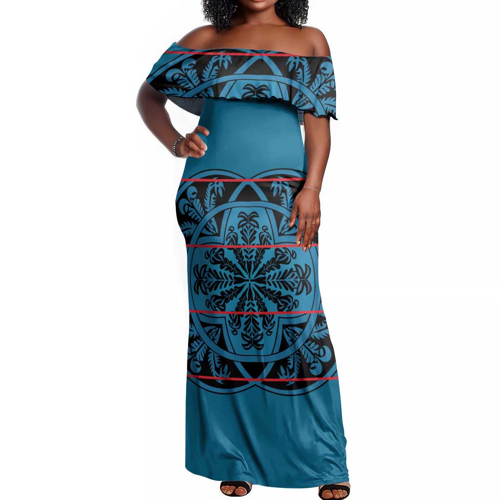 Basotho Blanket Off Shoulder Maxi Dress Lesotho Kharetsa Seanamarena Heritage - Blue - African Pride