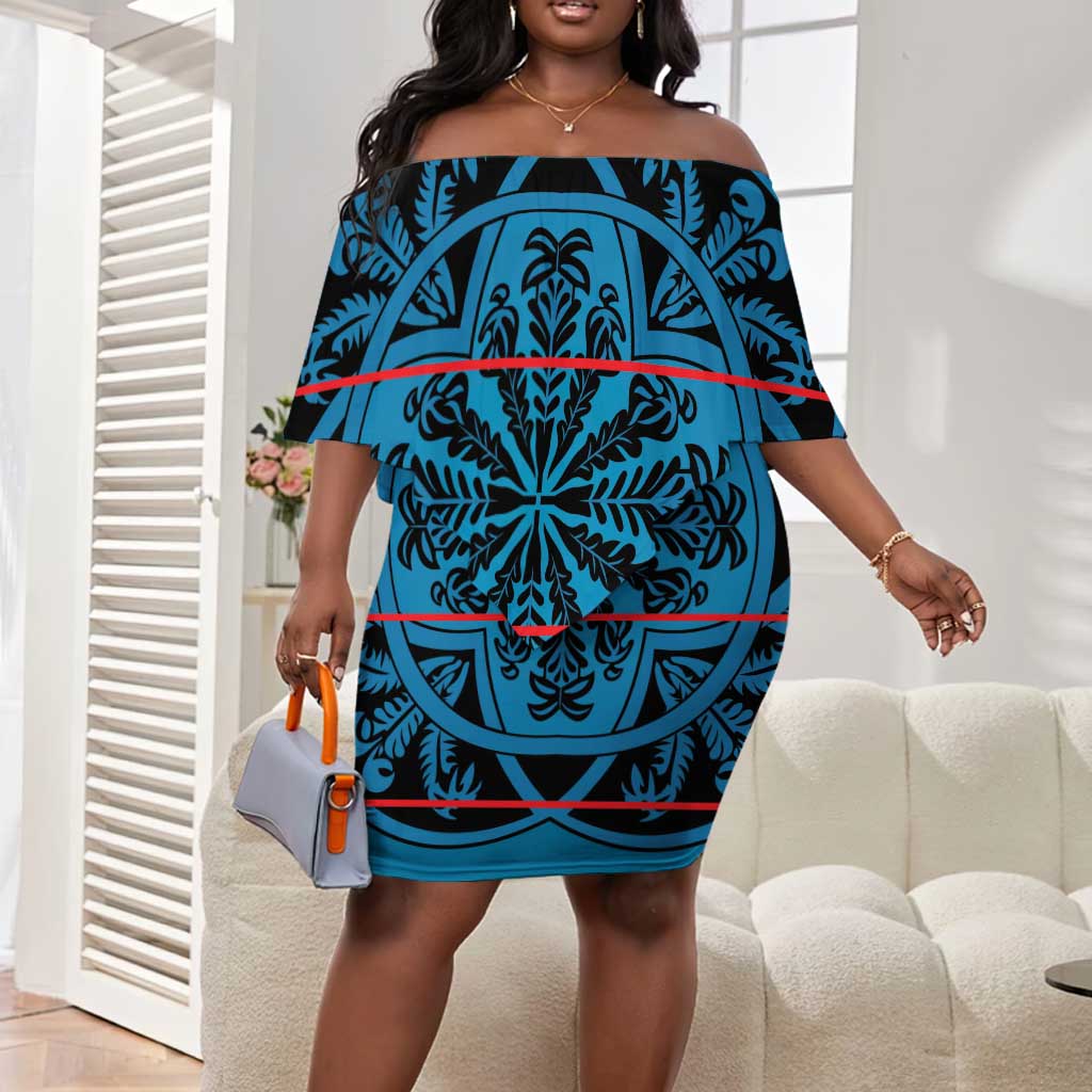 Basotho Blanket Off Shoulder Short Dress Lesotho Kharetsa Seanamarena Heritage - Blue - African Pride