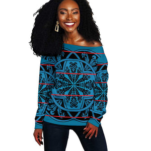 Basotho Blanket Off Shoulder Sweater Lesotho Kharetsa Seanamarena Heritage - Blue - African Pride