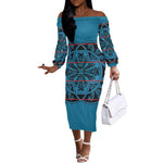 Basotho Blanket Off The Shoulder Long Sleeve Dress Lesotho Kharetsa Seanamarena Heritage - Blue - African Pride