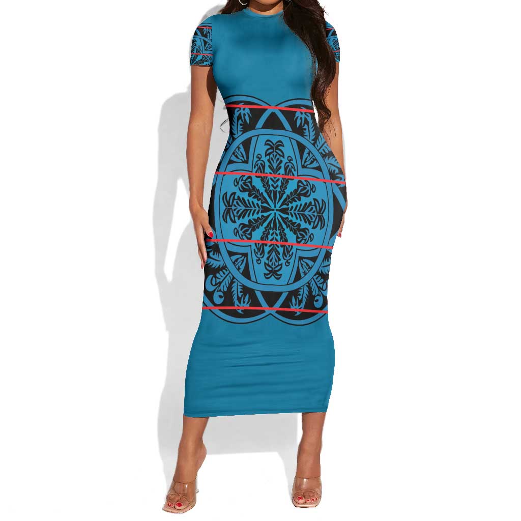 Basotho Blanket Short Sleeve Bodycon Dress Lesotho Kharetsa Seanamarena Heritage - Blue - African Pride