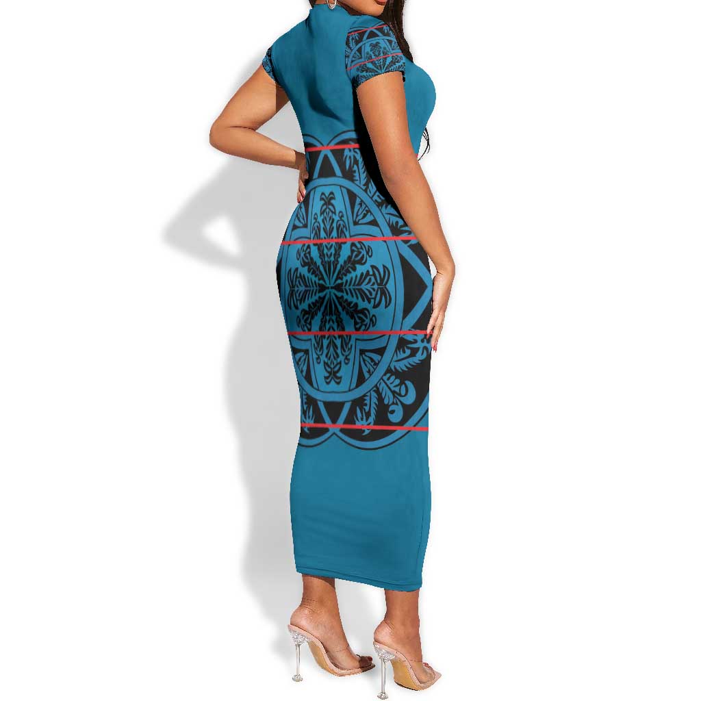 Basotho Blanket Short Sleeve Bodycon Dress Lesotho Kharetsa Seanamarena Heritage - Blue - African Pride