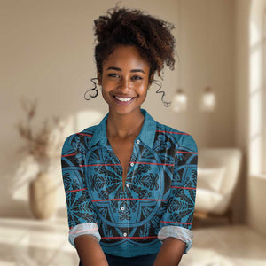 Basotho Blanket Women Casual Shirt Lesotho Kharetsa Seanamarena Heritage - Blue - African Pride
